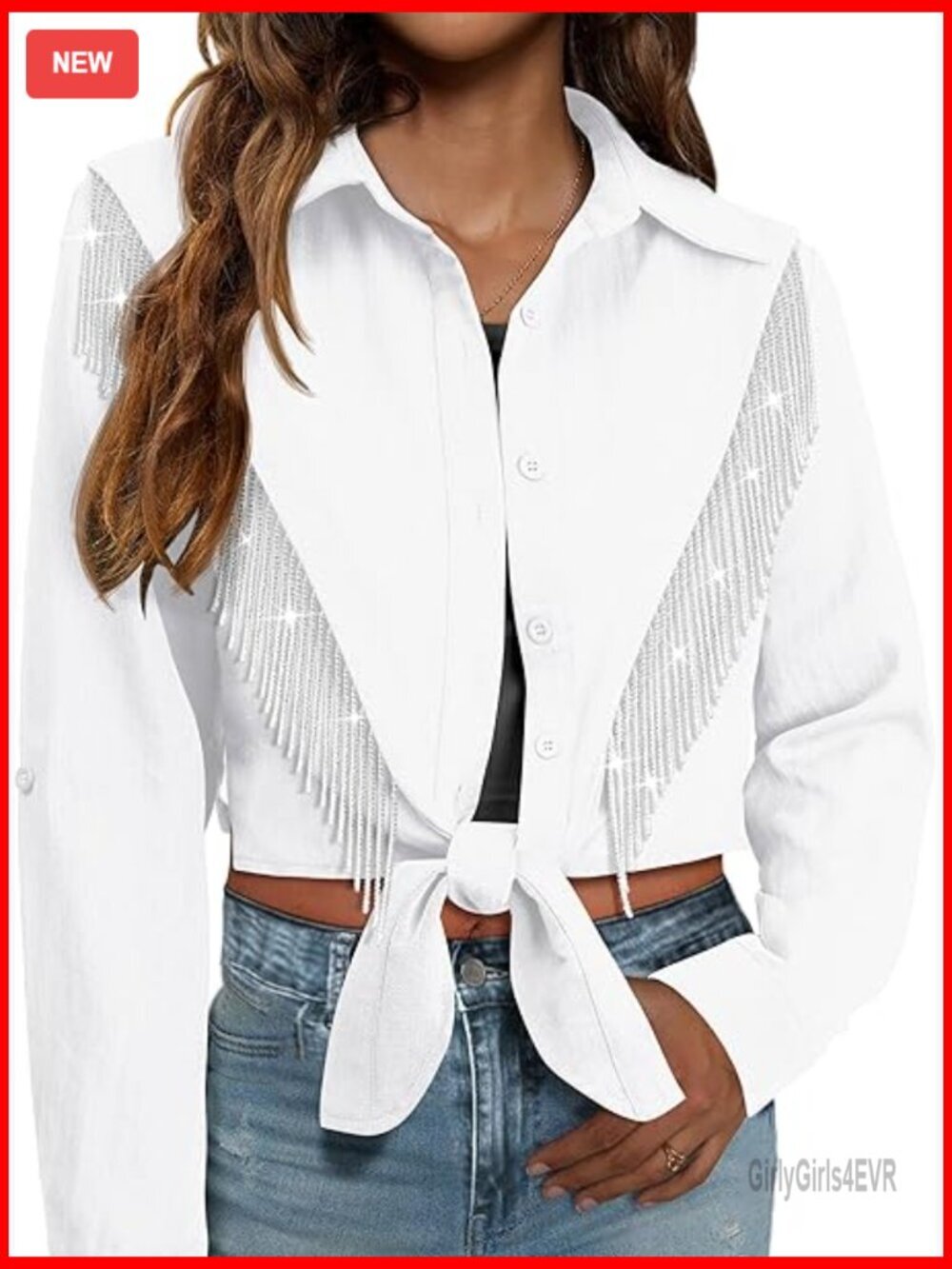 Sparkly Fringe Cropped Button Down Shirt Rolled 3/4 Sleeve Western Top